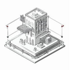 Isometric illustration of a modern office building with surrounding infrastructure.
