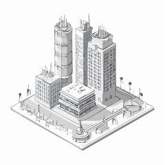 Isometric illustration of modern cityscape with skyscrapers and urban infrastructure.