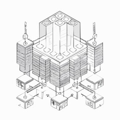 Detailed isometric illustration of a data center with multiple server racks and connected infrastructure.