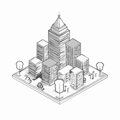 Isometric cityscape with modern office buildings and infrastructure.
