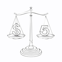 Simple line drawing of a balance scale with dollar sign and number five.