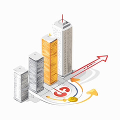 3D illustration of buildings with rising graph and arrow.