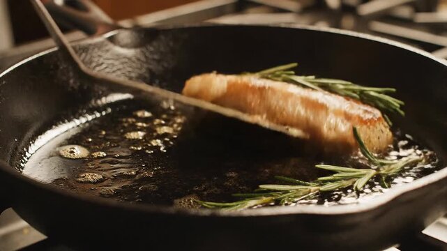 Juicy Pork Chop Sizzling in Cast Iron Skillet with Rosemary