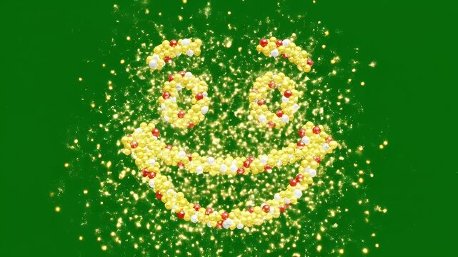 Smiling Face Created with Spheres - A stylized smiley face is displayed on a green background. The face consists of spheres with yellow, red, and white colors.