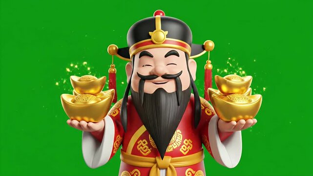 God of Wealth with Golden Ingots - A 3D video presents the Chinese God of Wealth against a green screen backdrop.