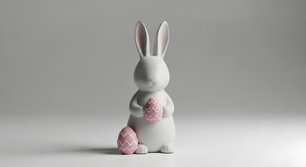 Obraz premium A white rabbit sculpture with pink accents on a gray background