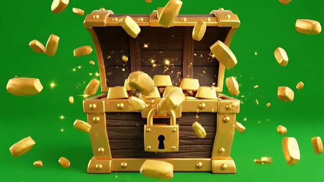 Treasure Chest with Gold - A wooden treasure chest with gold trim is overflowing with gold nuggets on a green background. The open chest emits golden light as the gold pieces fly upwards.