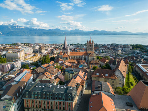 Lausanne old town skyline with cathedral and Lake Geneva, Switzerland