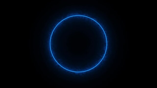 Glowing blue neon circle with smoky effect on black background, abstract motion graphic