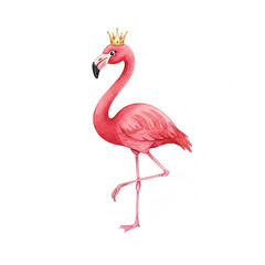 Fototapeta premium Flamingo Bird Isolated, Flamingo Bird Waring Crown Isolated Image, Bird, Animal, Cartoon Flamingo, Watercolor Flamingo Bird Isolated Image.