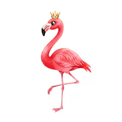 Fototapeta premium Flamingo Bird Isolated, Flamingo Bird Waring Crown Isolated Image, Bird, Animal, Cartoon Flamingo, Watercolor Flamingo Bird Isolated Image.