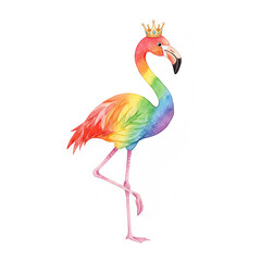 Fototapeta premium Flamingo Bird Isolated, Flamingo Bird Waring Crown Isolated Image, Bird, Animal, Cartoon Flamingo, Watercolor Flamingo Bird Isolated Image.