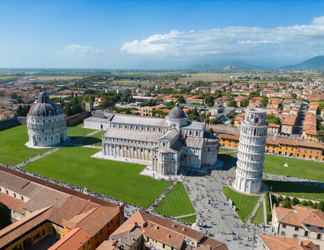 Aerial view of the Leaning Tower of Pisa with Pisa Cathedral and Baptistery at Piazza dei Miracoli, Tuscany, Italy
