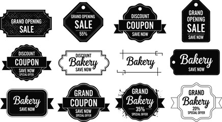 Obraz premium Six different black business coupon tag vector designs for grand opening sale, bakery discount, special offer, modern label collection, silhouette style
