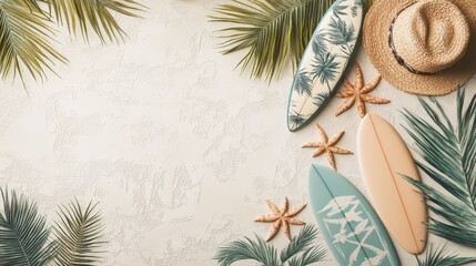 Obraz premium Artistic flat lay of premium tropical branding elements, hand-drawn palm tree illustrations with meticulous detail, summer vacation theme with surfboard icons and flowing script typography, complete