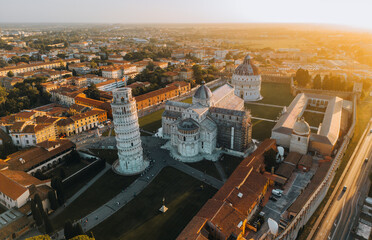 Aerial view of the Leaning Tower of Pisa with Pisa Cathedral and Piazza dei Miracoli, one of Italy most famous UNESCO World Heritage landmarks in Tuscany