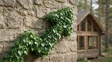 Green vine arrow growing on eco lodge wall