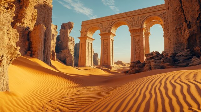 Ancient stone archways and crumbling columns partially buried in rippled golden sand dunes, late afternoon sun casting long dramatic shadows across ruins, weathered hieroglyphics still visible on