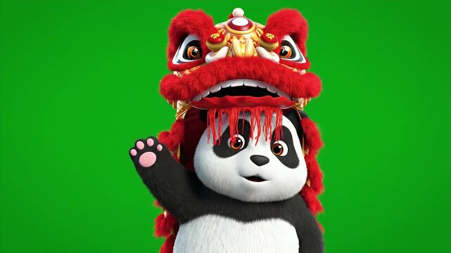 Panda in Lion Dance Costume - A cute panda bear is wearing a traditional Chinese lion dance costume, isolated on a green screen background.