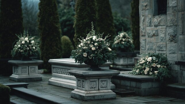 Flowers are placed on grave markers in a cemetery during a cloudy day