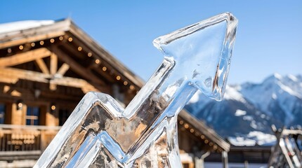 Crystal ice arrow rising at winter ski resort