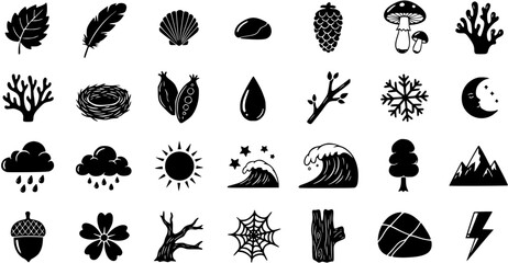 Nature and Weather Elements Glyph Icon Set. Minimalist Black and White Environment Symbols for Outdoor, Seasons, and Ecology Design. © kenstock