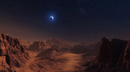 Night scene on Martian surface with Earth visible as distant blue dot in star-filled sky, foreground showcasing alien-looking rock formations illuminated by floodlights from nearby research outpost,