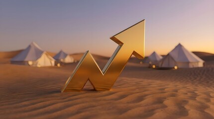 Gold luxury arrow rising in desert glamping dunes