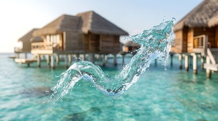 Water splash arrow rising above overwater bungalows