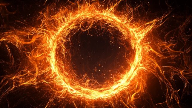 Majestic fire circle with translucent flame layers revealing inner core of white-hot intensity, fractal-like ember patterns radiating from perfect circular formation, hyper-detailed spark