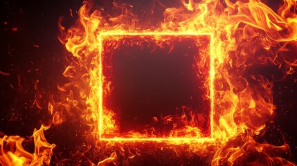 Square burning border with hyper-detailed flame physics, vibrant crimson fire forming perfect geometric outline, incandescent sparks shooting outward in all directions, dimensional heat distortion