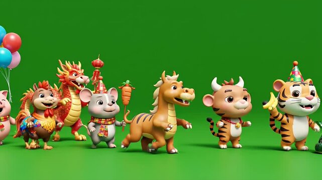 Chinese Zodiac Animals Parade Animation - Cheerful cartoon animals representing the Chinese zodiac are parading across a green background with balloons.