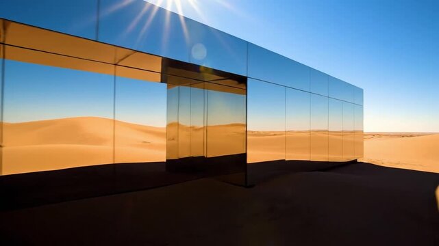 Mirrored Architectural Building Reflecting Desert Landscape and Clear Blue Sky Under Bright Sun