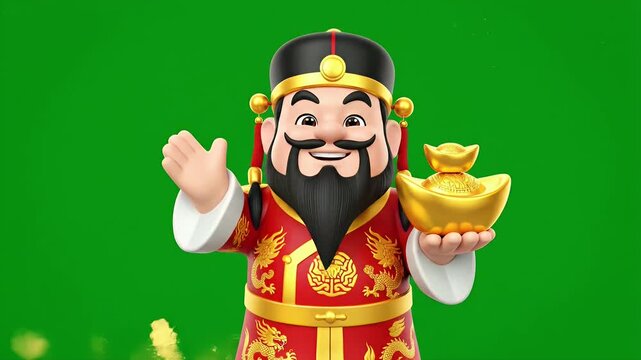 Chinese God of Wealth on Green Screen - This video features a cartoon depiction of the Chinese God of Wealth, Cai Shen, holding golden ingots against a bright green screen background.
