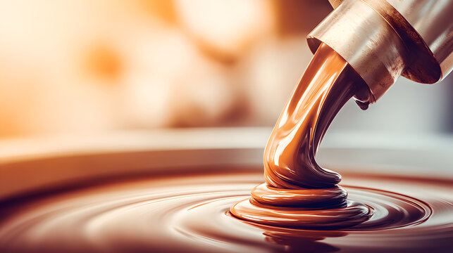 Precision Industrial Machine Nozzle Pouring Dark Liquid Chocolate Into A Metal Mold 