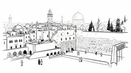 Jerusalem Old City sketch: Western Wall (Kotel) plaza view with Dome of the Rock and historical buildings. © indah