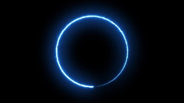 Neon blue glowing electric light circle tracing rotation on black background seamless loop abstract art