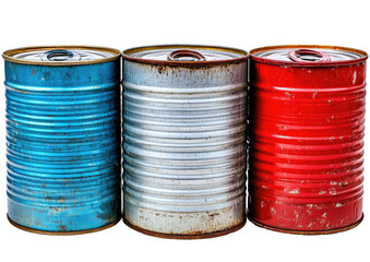 Three colorful, rusty cans in a row