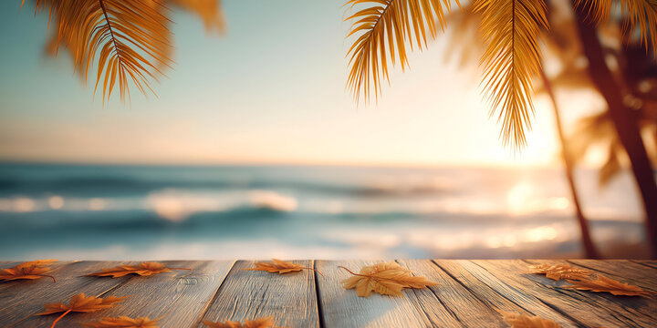 A serene beach scene at sunset, featuring golden leaves on a wooden deck with palm trees and gentle ocean waves in the background.