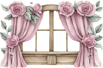 Rose-adorned window with pink curtains, whimsical charm