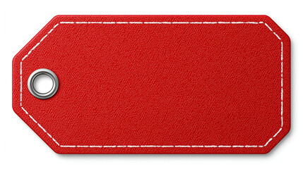 A simple, red label tag featuring a white stitch outline, perfect for branding, pricing, or organizing items effectively.