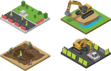 Isometric construction scenes with road repair, excavation, workers, barriers, excavators and heavy machinery for civil engineering building site illustration vector