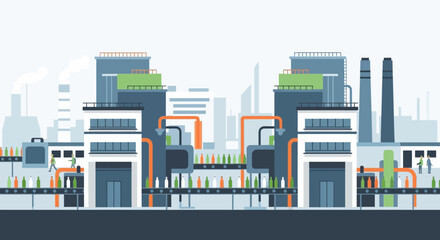 Obraz premium Modern industrial factory with automated production line, showcasing an efficient manufacturing process for beverages with advanced machinery and conveyor systems in a flat vector style