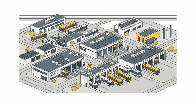 Isometric line art of a modern urban bus depot complex. Features public transport infrastructure, service buildings, and numerous buses, highlighting efficient city mobility