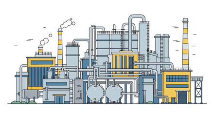 Obraz premium Modern industrial complex illustration, depicting factory buildings, smokestacks, and tanks, representing manufacturing, production, and energy sector