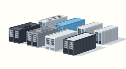 Collection of various modular data center units illustrating scalable cloud computing infrastructure and modern technology server solutions on a clean white background