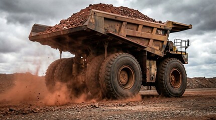 Obraz premium Large mining truck driving on a dirt road with a load of ore, kicking up dust, under a cloudy sky with a dramatic mood.