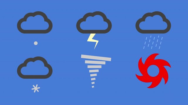 weather map symbols, animated loops, hail, lightning, storm, drizzle, cloud, rain, sleet, tornado, twister, hurricane, typhoon, graphic symbol icon construction kit, blue then black background