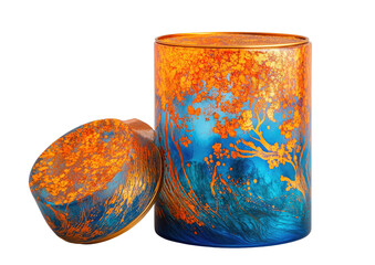 Cylindrical container with lid, painted with swirling tree scene