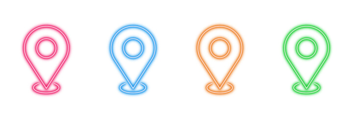 Neon glowing location pin vector icons set, map marker, GPS, navigation, destination, current location, vibrant glowing design, digital illustration on transparent background.